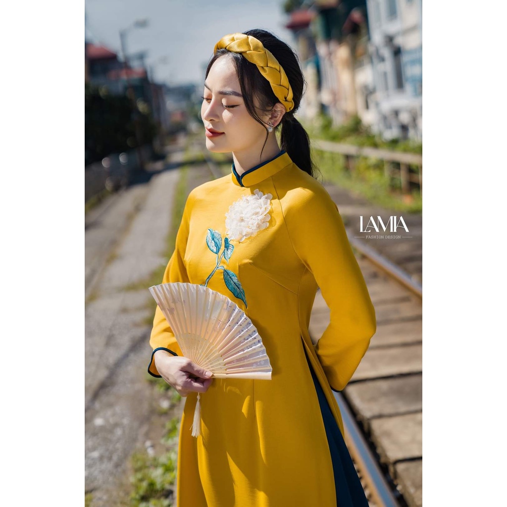 Tặng kèm bờm xinh Áo dài truyền thống Hoàng Hoa và Bạch Liên lụa tằm cao cấp sang trọng tôn dáng Vinna