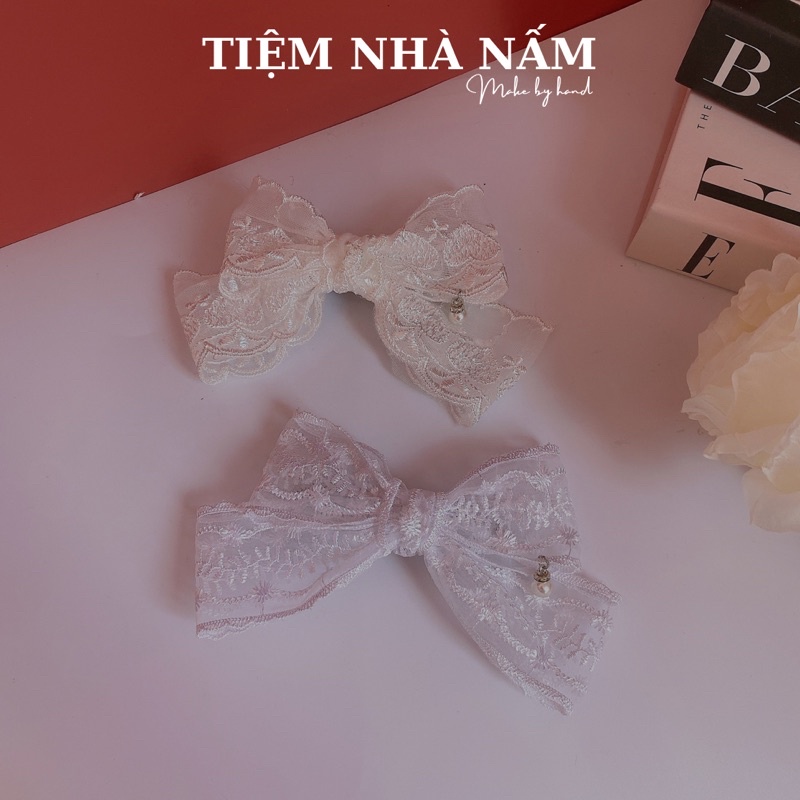 KẸP TÓC NƠ REN TRẮNG PHỐI NGỌC TREO - [Nhà Nấm handmade]