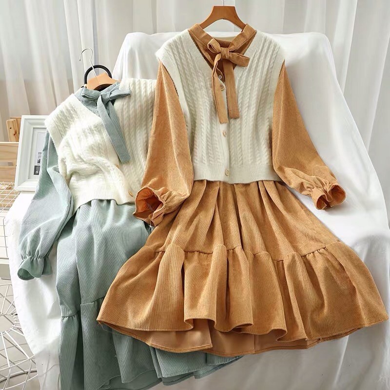 (5ảnh cuối ảnh thật) Set Áo gile Váy trắng dài babydoll nhung tăm bánh bèo tay bồng thắt nơ [HÀNG KHÔNG CÓ SẴN - ORDER]