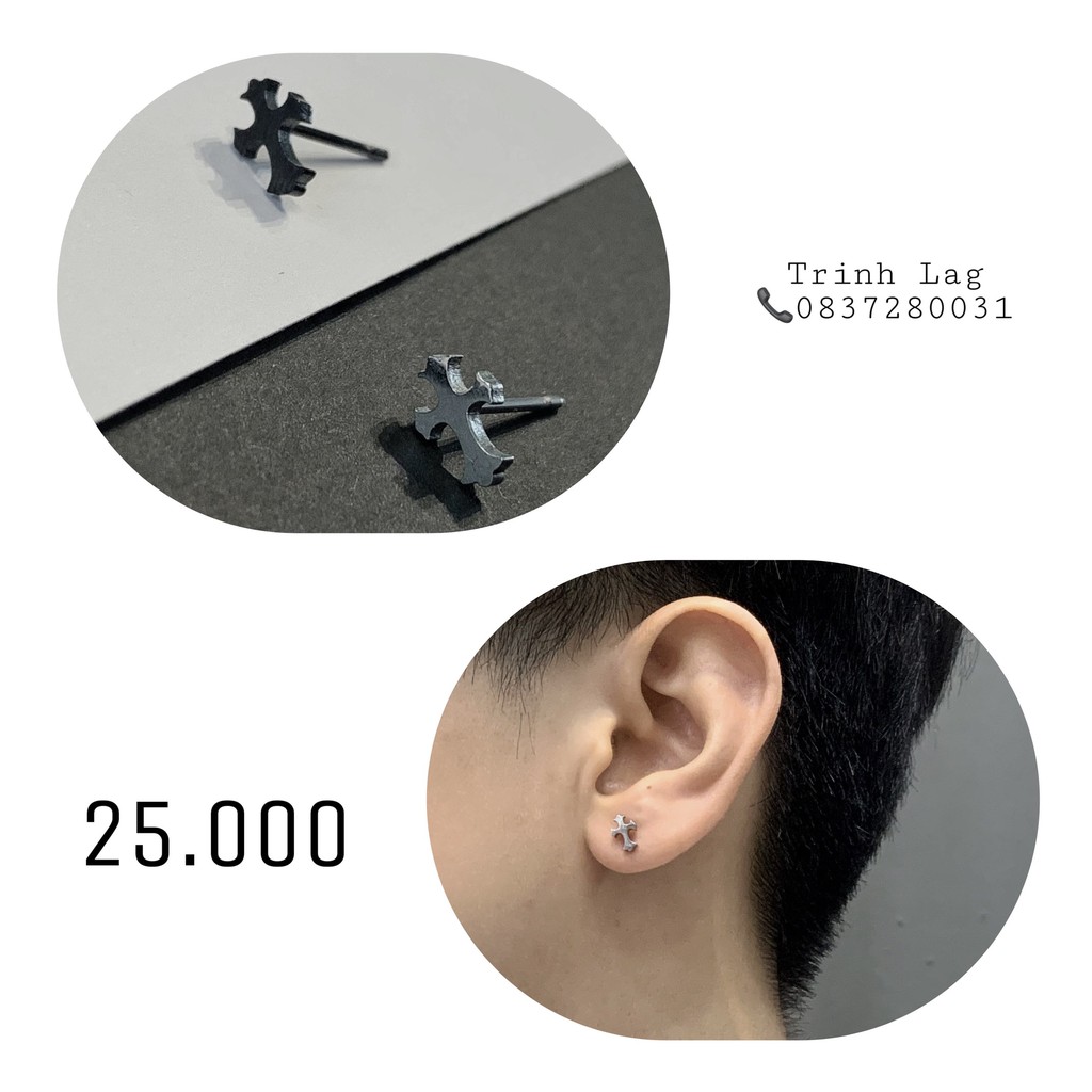 Khuyên sát tai họa tiết thánh giá đen bạc nút gài nam nữ (ảnh shop tự chụp)