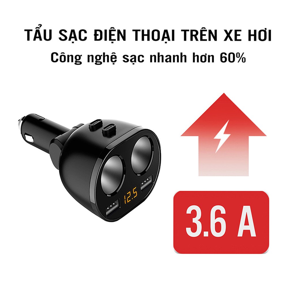 Tẩu sạc HY16 oto tích hợp 2 cổng USB + 2 cổng tẩu, sạc nhanh với điện áp 2.1A - Trung Đức VN