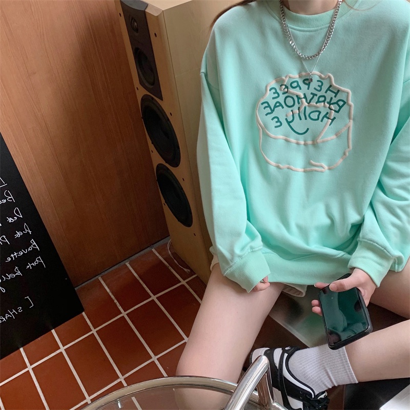 ZHELIHANGFEI Áo Thun Tay Dài Cổ Tròn Form Rộng Họa Tiết In Theo Phong Cách Preppy Dễ Phối Đồ