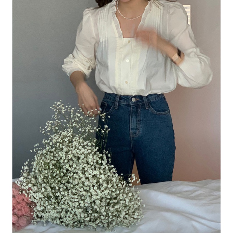 Áo Sơ Mi Trắng Dài Tay Phối Bèo Kiểu Pháp Đơn Giản Thanh Lịch 49225