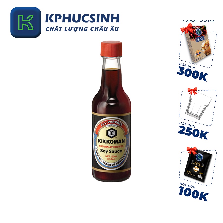 Nước tương soy sauce hiệu Kikkoman (chai thủy tinh) 250ml - Hàng Chính Hãng