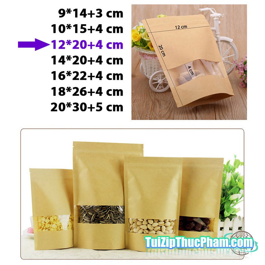 1000 cái túi zip giấy kraft size 12x20cm, túi zip có cửa sổ tràn viền, túi zipper đựng thực phẩm chất lượng cao giá sỉ