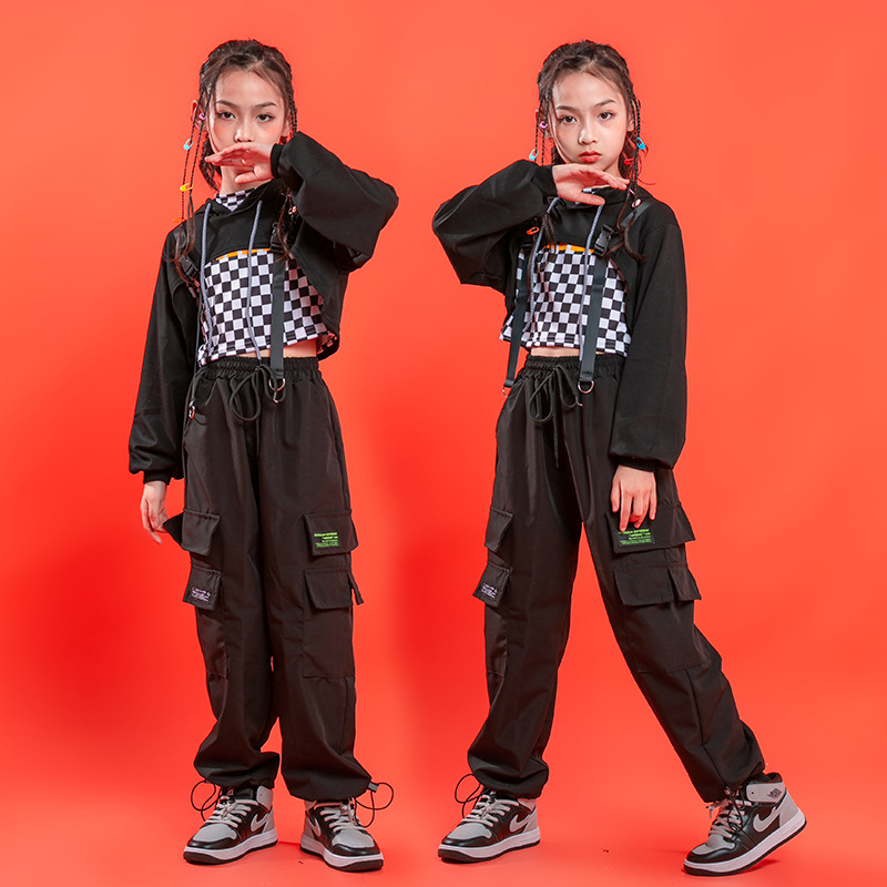 Bộ Đồ Áo Croptop Hoodie + Quần Dài Họa Tiết Caro Đen Dành Cho Bé 4-16 Tuổi