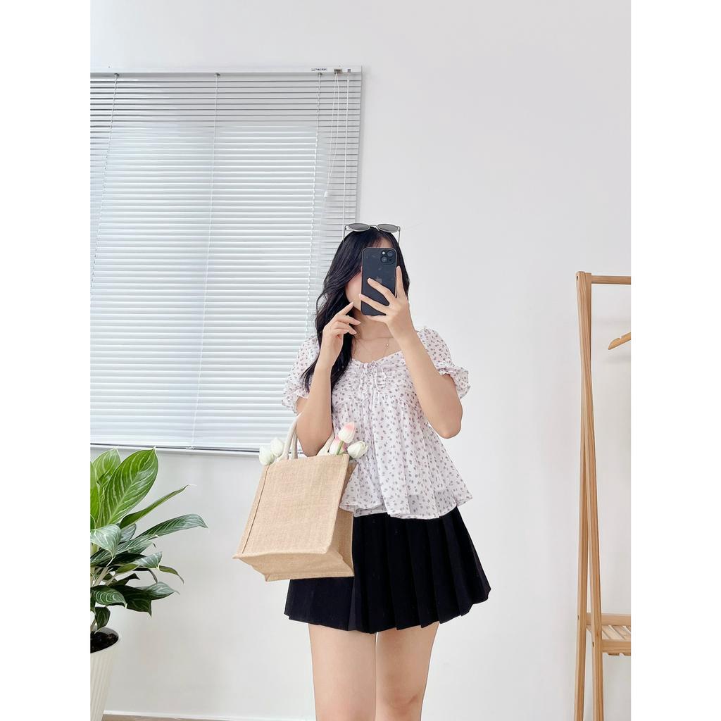 Áo Babydoll Trễ Vai Tay Phồng Hoa Nhí Tím A05