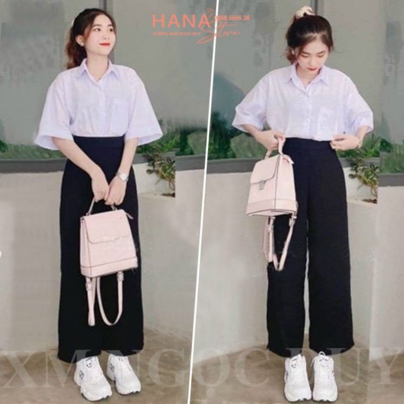 QUẦN TÂY ỐNG RỘNG ĐI HỌC CẠP CAO NỮ SUÔNG DÀI MÀU ĐEN PHỐI ÁO SƠ MI ĐẸP