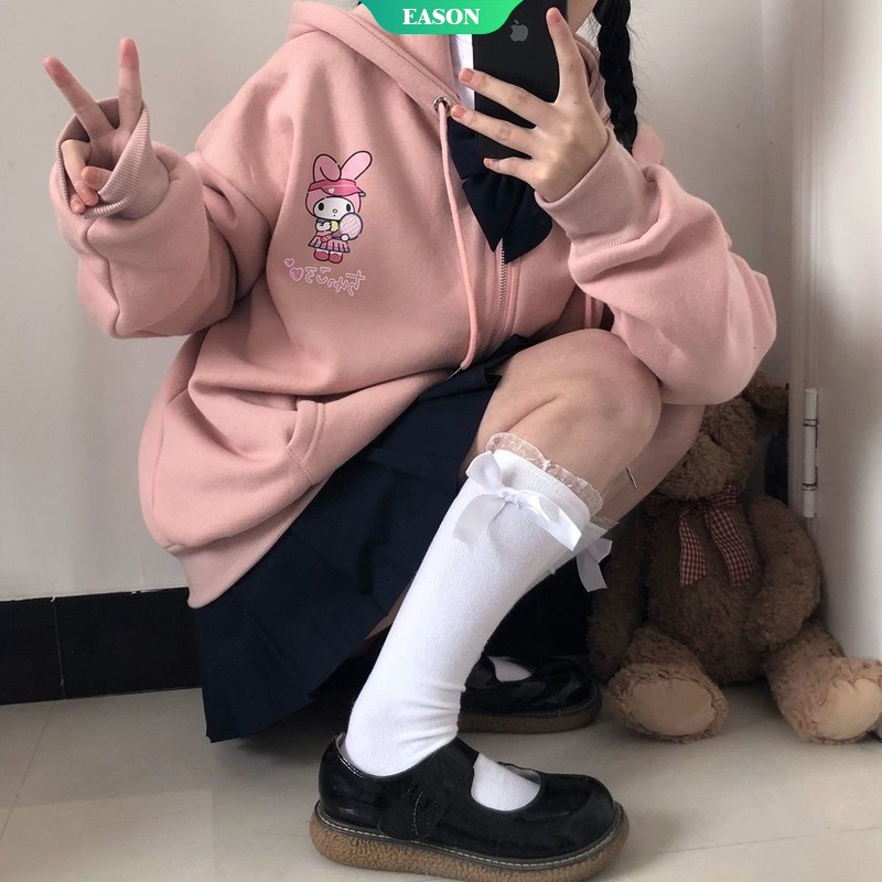 Sanrios Áo Hoodie Dáng Rộng Bằng Vải Nhung Dày Ấm Áp In Họa Tiết Hoạt Hình Dễ Thương Phong Cách Nhật Bản Dành Cho Nữ