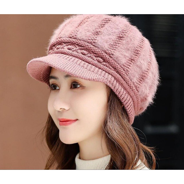 Mũ len lông xù gân dọc A072 mềm mại, 2 lớp, lót lông, ấm ấp, dùng quanh năm