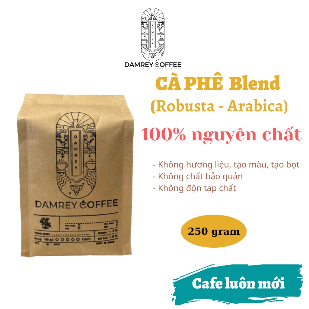 Cà phê rang xay Blend (Robusta-Arabica) nguyên chất vị truyền thống, đậm đà, hương thơm, hậu vị ngọt - DAMREY COFFEE