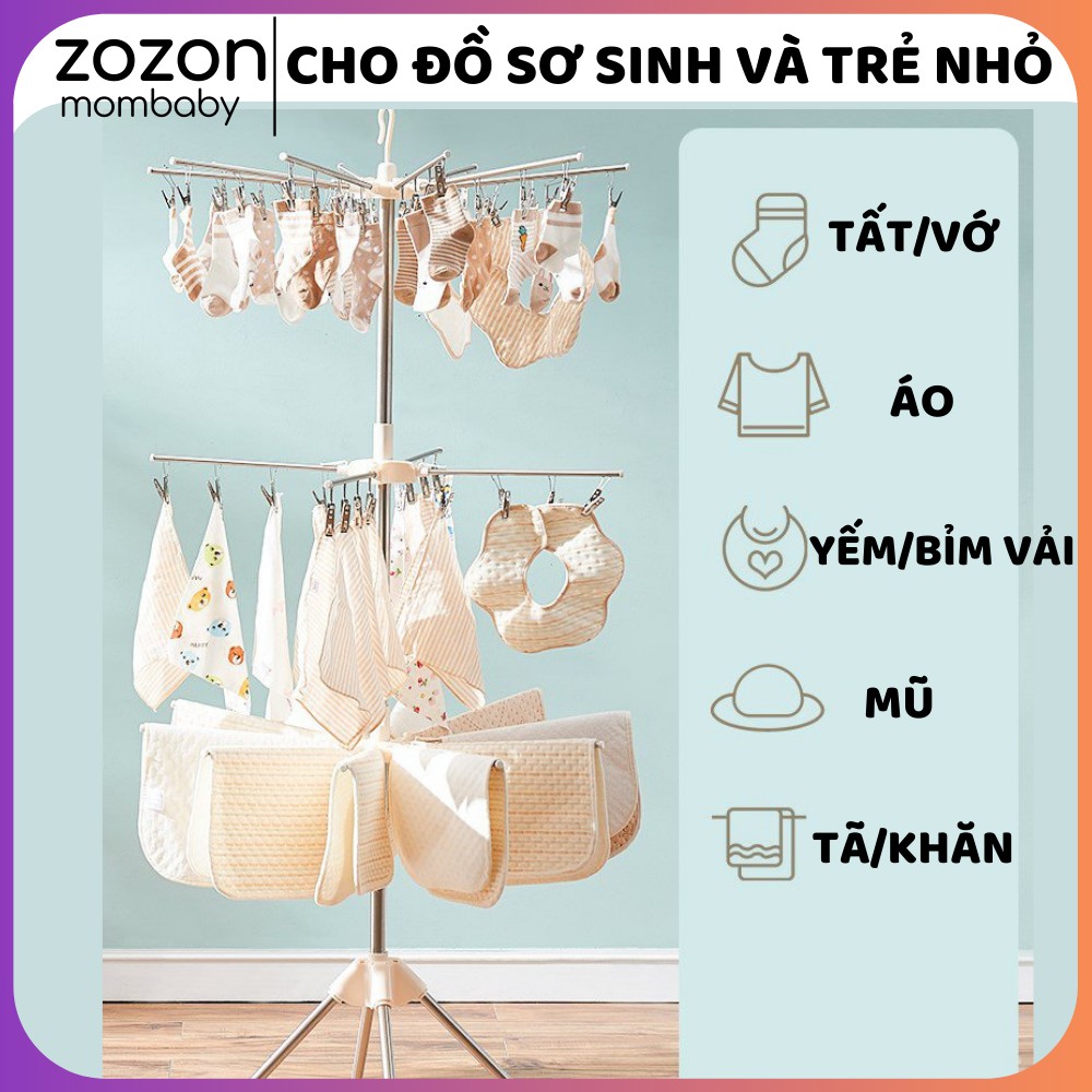 Cây treo quần áo inox, giàn phơi thông minh, móc quần áo cho bé và trẻ sơ sinh 3 tầng 56 kẹp móc gấp gọn Zozon