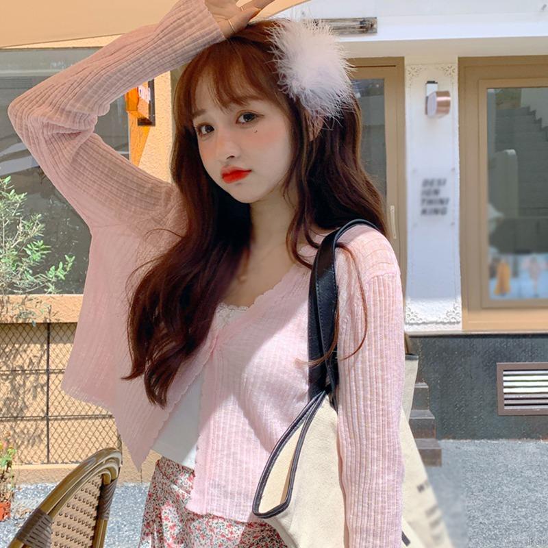 Áo khoác cardigan ngắn cổ chữ V bằng lụa mát thời trang mùa hè cho nữ