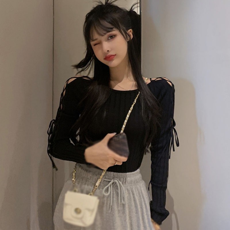 Áo Thun Dệt Kim Màu Trơn Thời Trang Cho Phụ Nữ