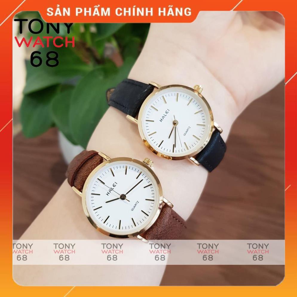 Hot!!! Đồng hồ đôi nam nữ Halei dây da nâu mặt số vạch chính hãng Tony Watch 68 giá re