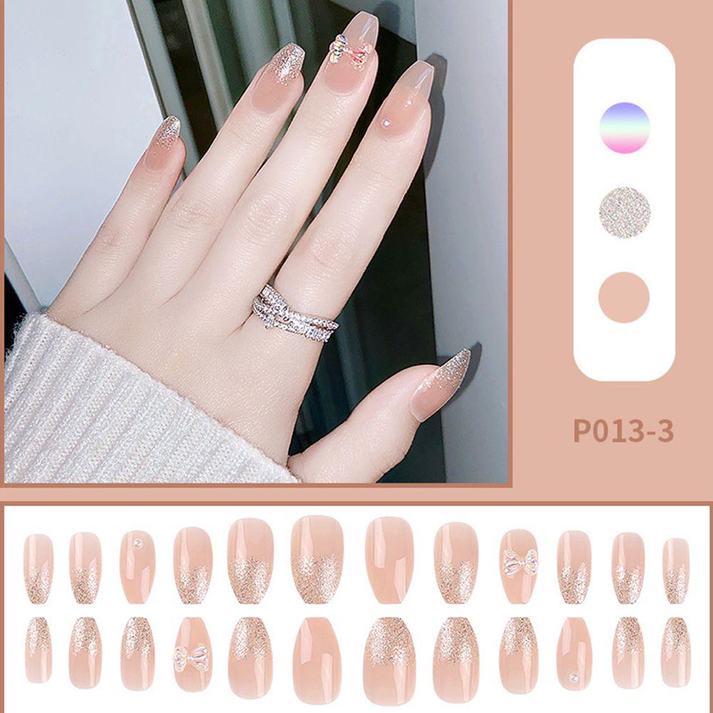 Hộp 24 Móng Tay Giả Ngắn Tự Dính Trang Trí Nơ Lấp Lánh Dễ Thương