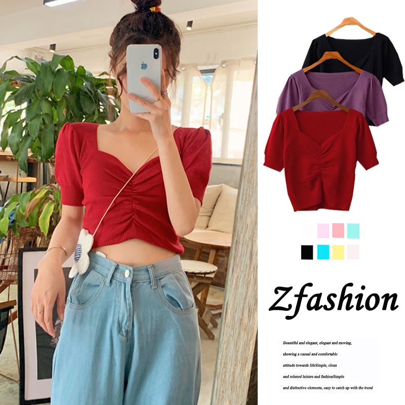 Áo Dệt Kim Ngắn Tay Cổ Chữ V Dáng Ôm Thời Trang Mùa Hè Dành Cho Nữ