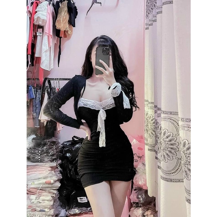 Set đầm body hai dây nhún phối ren kèm áo khoác tay dài chất thun lạnh