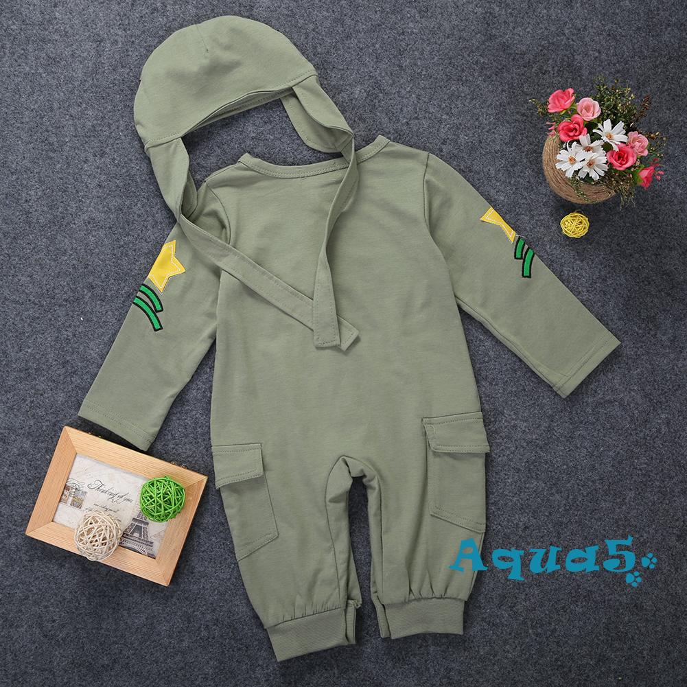 Set áo liền quần dài và mũ trùm đầu phong cách quân đội cá tính xinh xắn dành cho bé trai