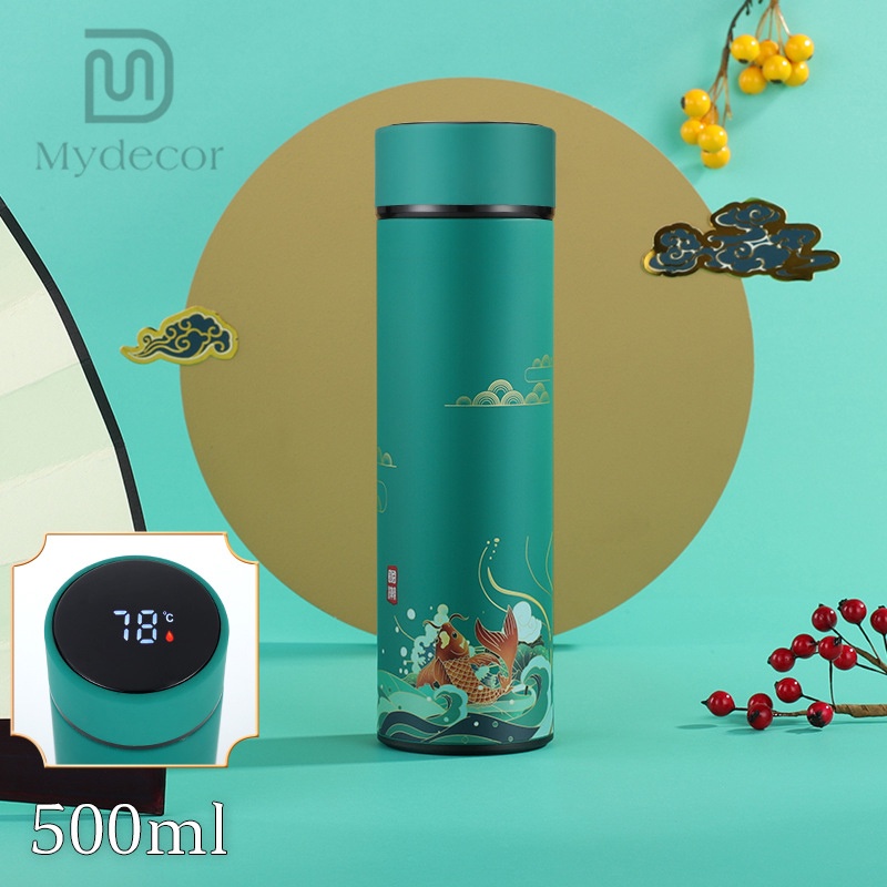 Bình Giữ Nhiệt Họa Tiết Cổ Trang, Bình Giữ Nhiệt Thông Minh Nắp Hiển Thị Nhiệt Độ, Họa Tiết Độc Đáo, Tặng Kèm Lọc Trà