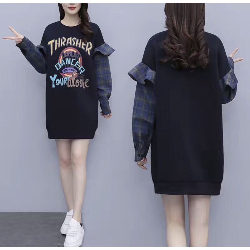 Váy Cotton Nỉ Pha Tay Sơ Mi Kẻ Ca Rô Phom Suông Dáng Trẻ Trung Năng Động - Thời Trang Nữ Thu Đông