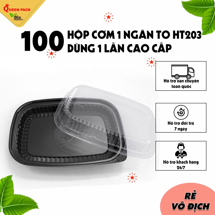 Sỉ 100 cái hộp cơm nhựa 1 ngăn đen loại to Mã HT203 Kèm nắp PET Trong  dùng cho cơm văn phòng, quán ăn, nhà hàng