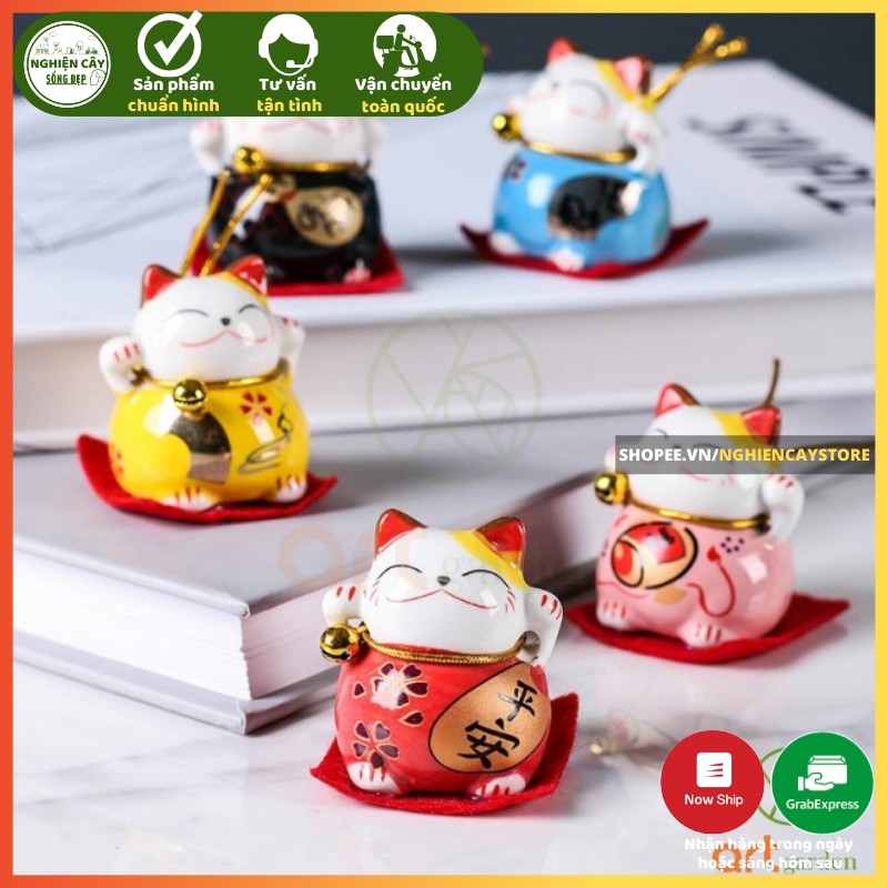Phụ kiện bộ 5 mèo sứ chiêu tài, hút khách, trang trí tiểu cảnh, ô tô, bàn làm việc