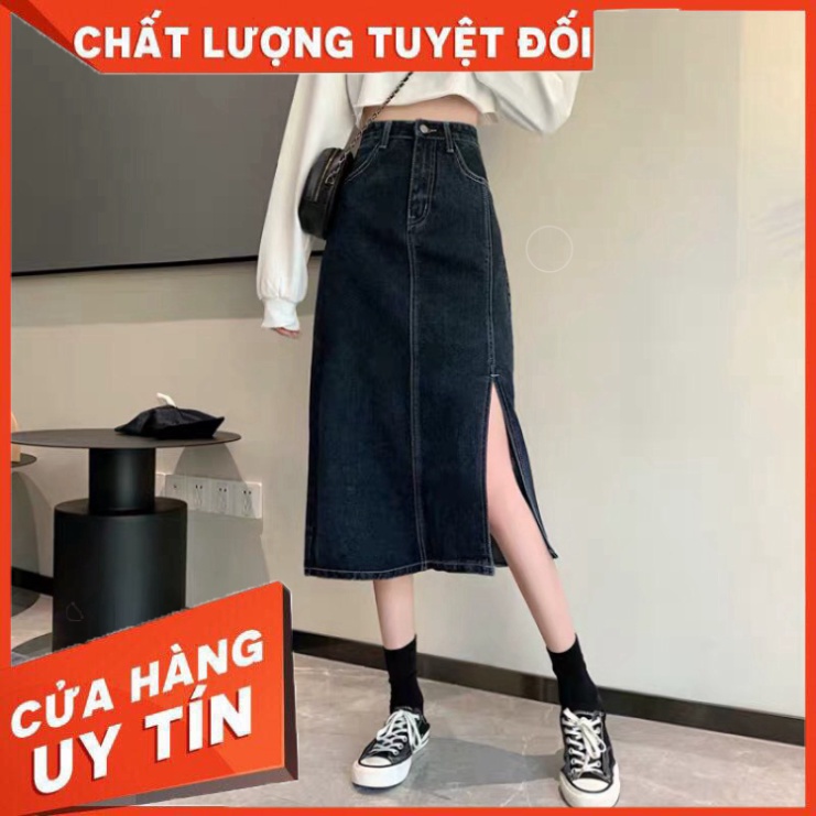 Chân Váy Jeans Dài Cạp Cao Xẻ Gấu Phong Cách Ulzzang - Hàng nhập khẩu