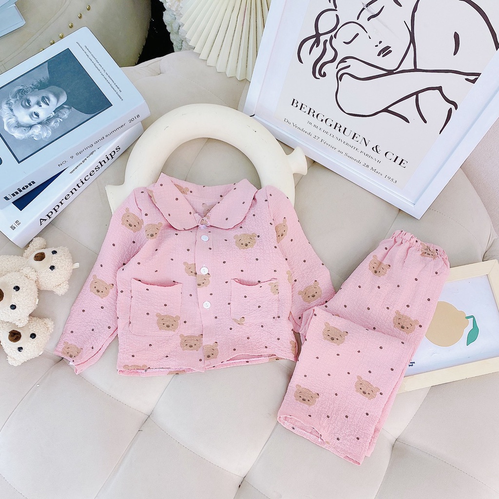 Pijama cho bé, bộ pijama cổ sen chất đũi xốp thấm hút mồ hôi cho bé gái