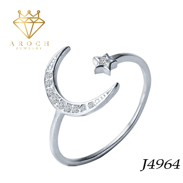 Nhẫn nữ hở freesize,hợp với mọi kích cỡ ngón tay,bạc Ý s925 mặt trăng sao 5 cánh J4964- AROCH Jewelry