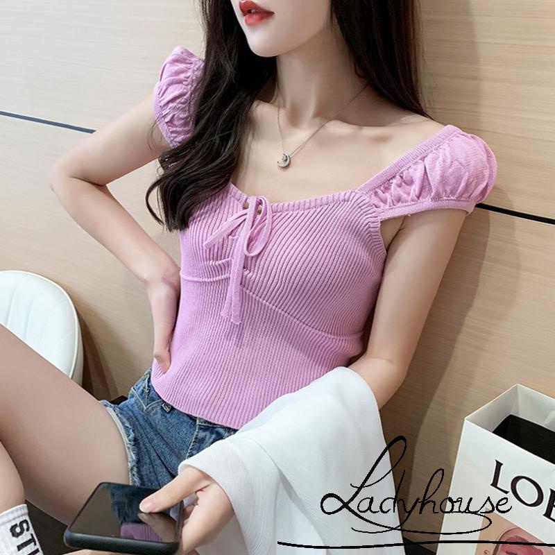 Áo Croptop Dệt Kim Tay Ngắn Màu Sắc Trơn Cột Dây Phía Trước Gợi Cảm Cho Nữ