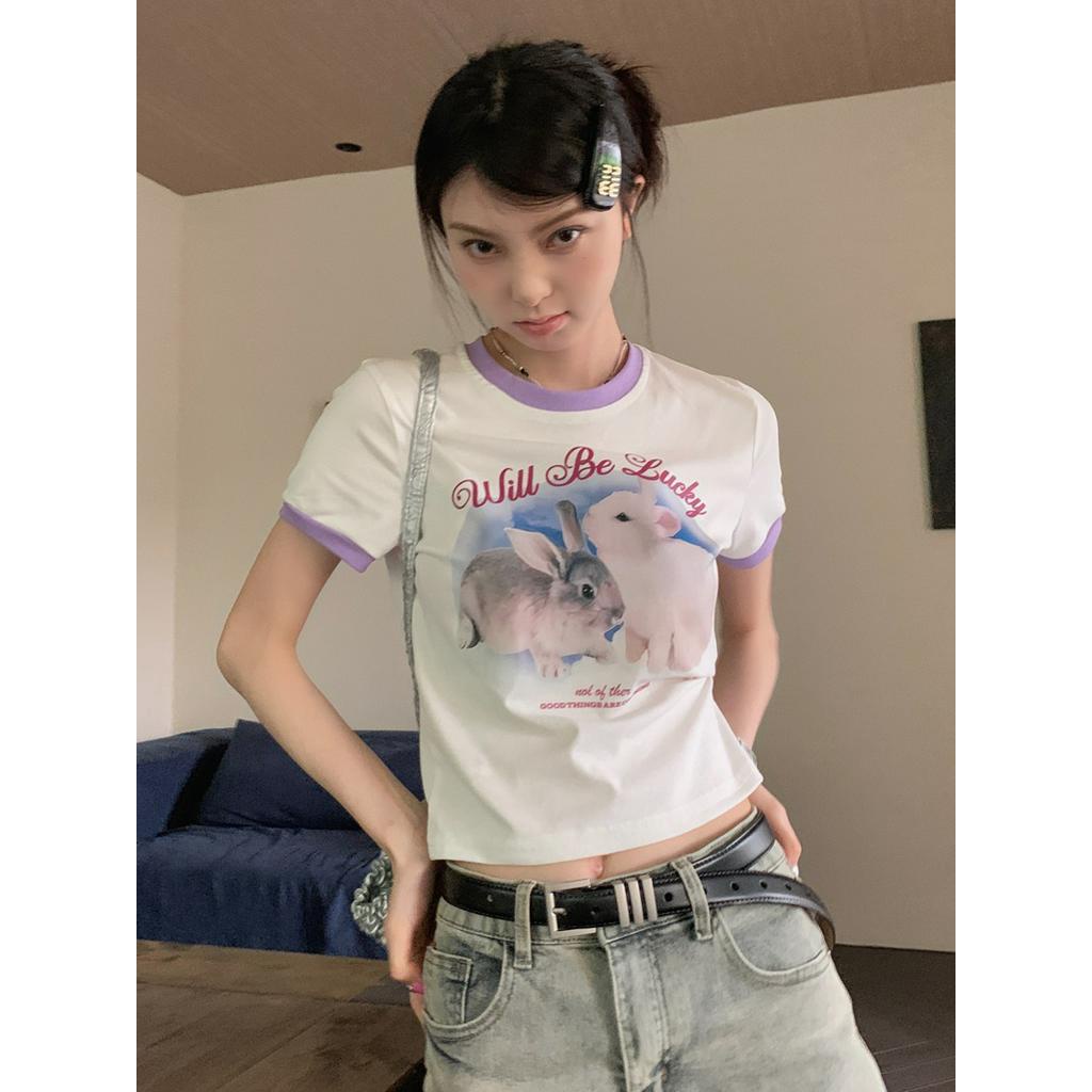 Áo Thun Cộc Tay In Hình Thỏ Dễ Thương Màu Tương Phản Thời Trang Cho Nữ 62650