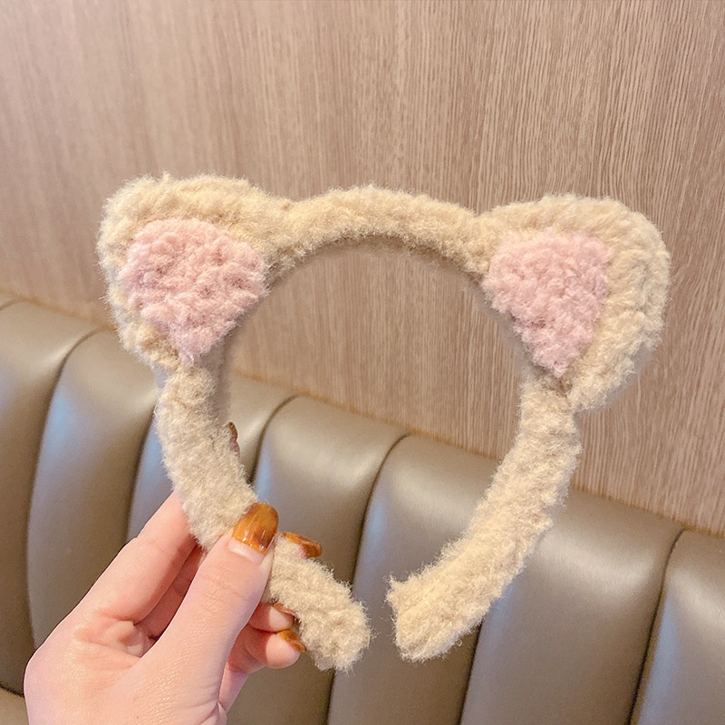 Băng Đô Cài Tóc Rửa Mặt Phối Lông Hình Tai Mèo Dễ Thương Cho Nữ