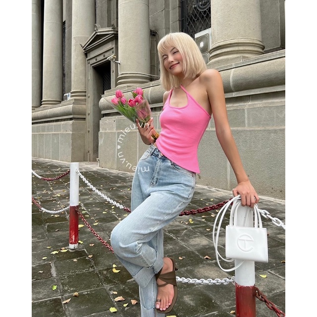 Áo thun nữ hai dây thiết kế lệch vai điểm nhấn hai màu MIEU - JJL19