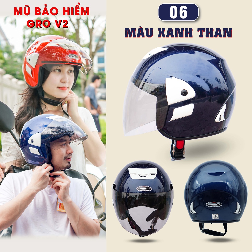 Mũ Bảo Hiểm 3/4 đầu GRO Helmet V2 có kính dài, kiểu dáng trẻ trung cho nam và nữ, khóa kim loại chắc chắn - Xanh Than