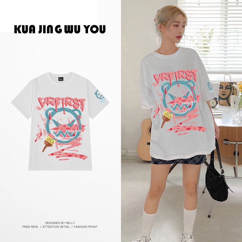 Áo Thun Tay Lửng Dáng Rộng In Hình Quỷ Dễ Phối Đồ Thời Trang Mùa Hè Cho Nữ Cỡ M-8XL
