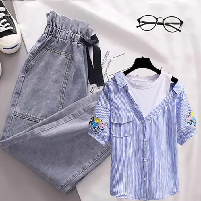 Set Áo Thun Ngắn Tay Cổ Bẻ Giả Hai Lớp + Quần Short Jeans Lưng Cao Thời Trang Hàn Cho Nữ