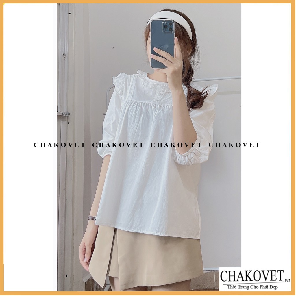 Áo babydoll tay lỡ 2 cúc bọc cka803, kiểu áo sơ mi nữ cao cấp cổ tròn bèo màu trắng phong cách ulzzang đẹp dễ thương | BigBuy360 - bigbuy360.vn