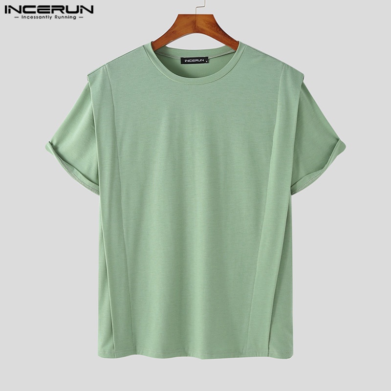 Áo thun INCERUN tay ngắn cổ tròn giả hai lớp màu sắc đơn giản thời trang cho nam giới