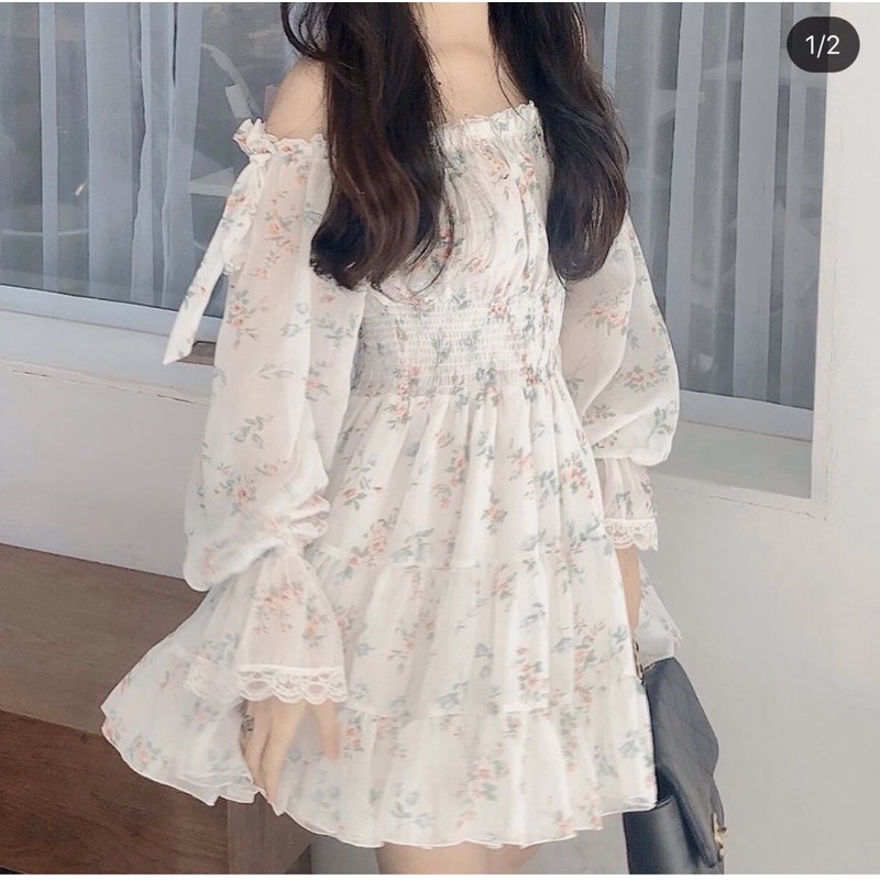 [Ảnh thật]Váy hoa trễ vai phối ren phong cách Ulzzang