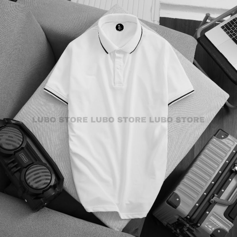 Áo thun nam nữ polo cổ trụ cotton tay ngắn phối sọc 2 màu Trắng/Đen