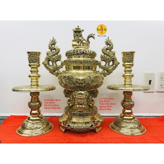 Bộ Tam Sự Lư Tròn 53cm + Chân Đèn 40cm - Vật Phẩm Đồng Thờ Cúng Vĩnh Tiến Cao Cấp