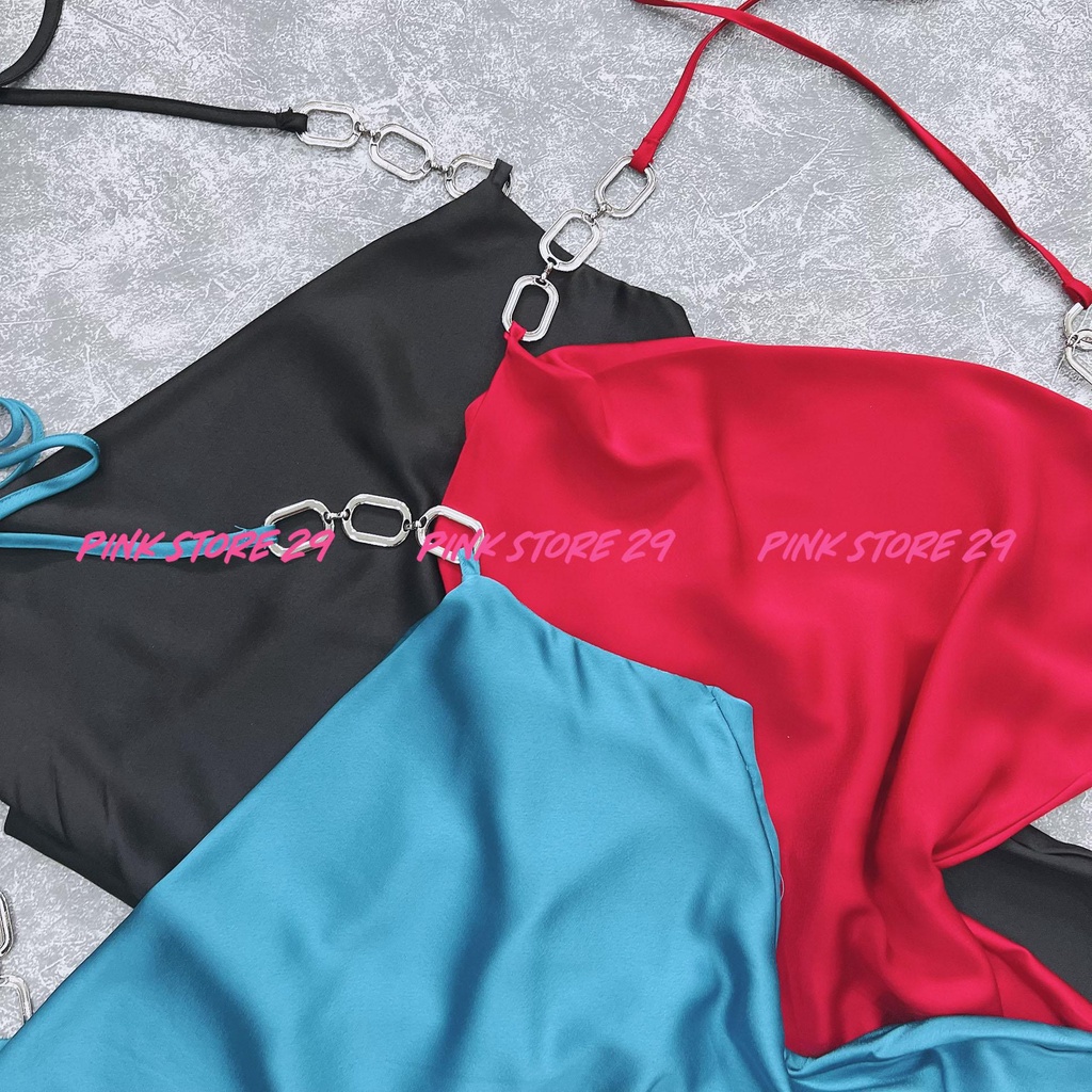 Đầm Ngắn Dự Tiệc Lụa PINKSTORE29, Dáng Hở Lưng Cổ Dây Phối Xích D097