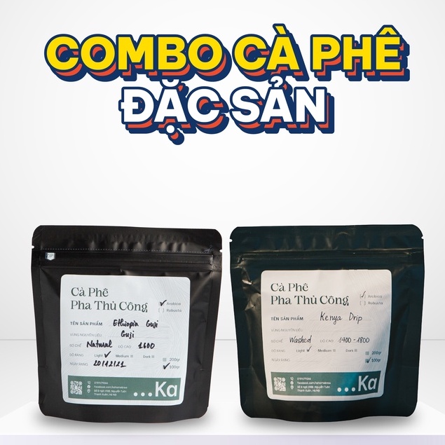 Combo 2 gói Cà phê Speciality nguyên chất ETHIOPIA GUJI-KENYA DRIP, Cà phê pha thủ công gói 100g - KaHomebrew