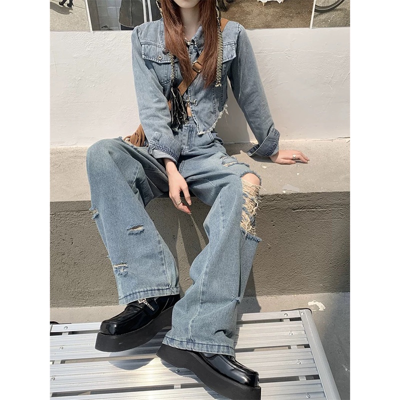 Set Áo Khoác Denim Tay Dài + Quần Jeans Rách Lưng Cao Ống Rộng Phong Cách Hong Kong