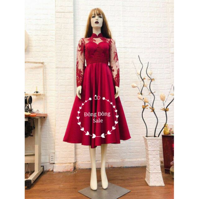 Đầm xòe đỏ phối ren cao cấp