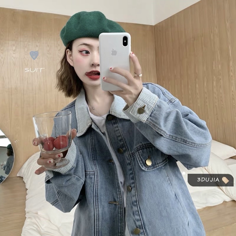 [SẴN] Áo Khoác Jeans Oversize Mix Cổ Nhung Nam Nữ (Kèm Ảnh Cận Chất)