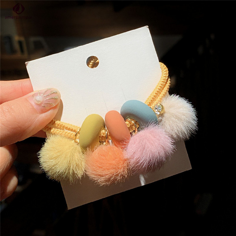 Dây Buộc Tóc Đính Quả Bông Màu Tương Phản Dễ Thương Cho Nữ