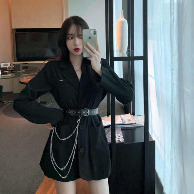 Đầm vest blazer đen tay dài 2 túi sang trọng cá tính phối belt
