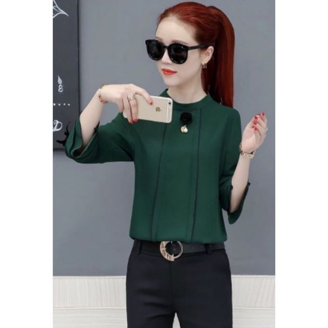 ÁO SƠ MI NỮ TAY DÀI VIỀN ĐEN CÀI HOA